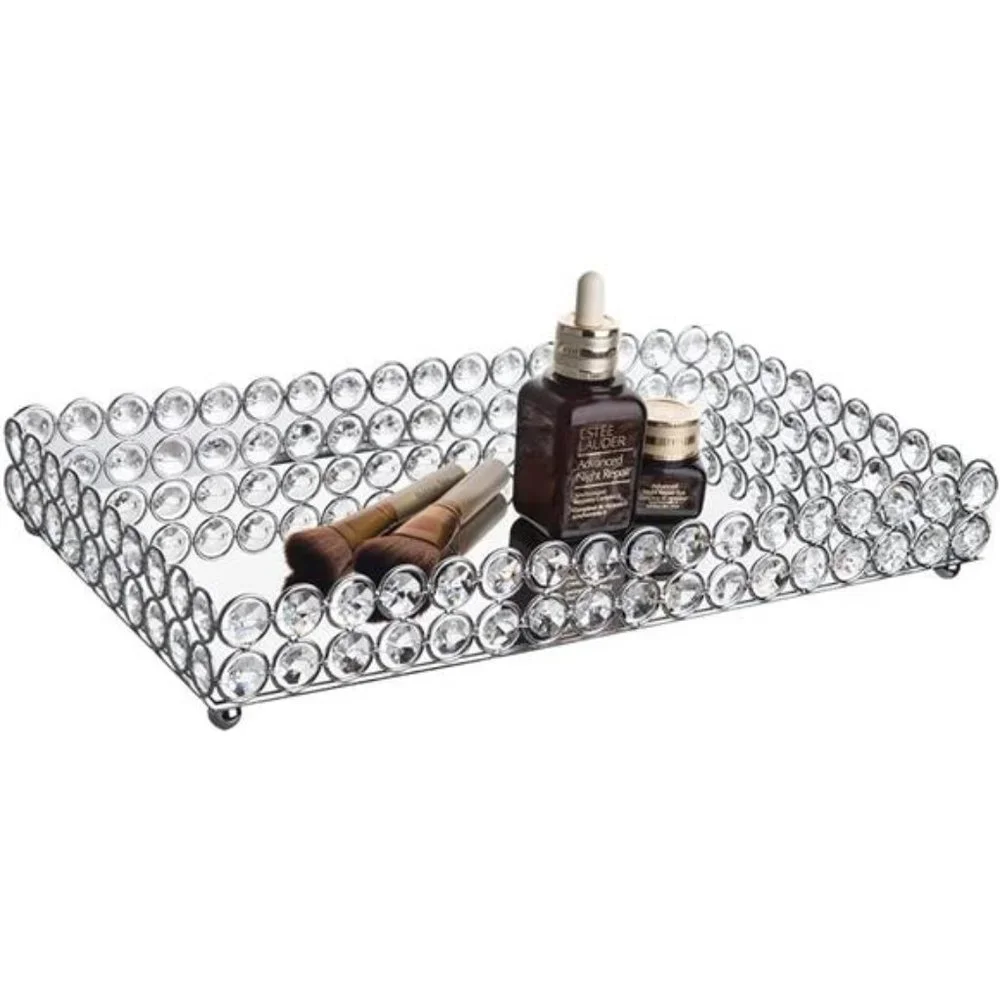 Large Crystal Cosmetic VanityTray Mirrored Makeup Jewelry Trinket Tray Organizer